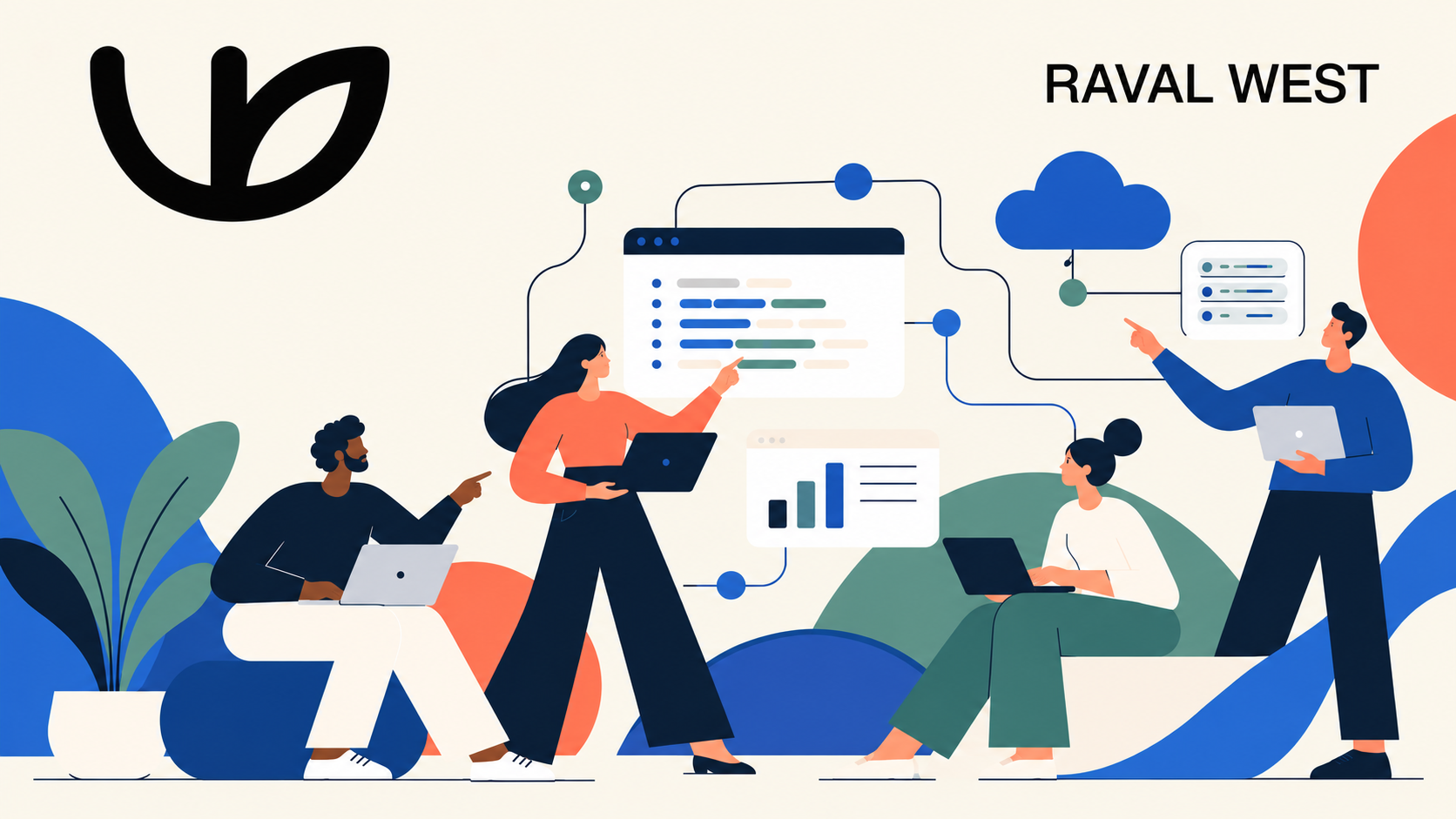 Illustration of four coworkers discussing software, cloud, and data with laptops during a meeting